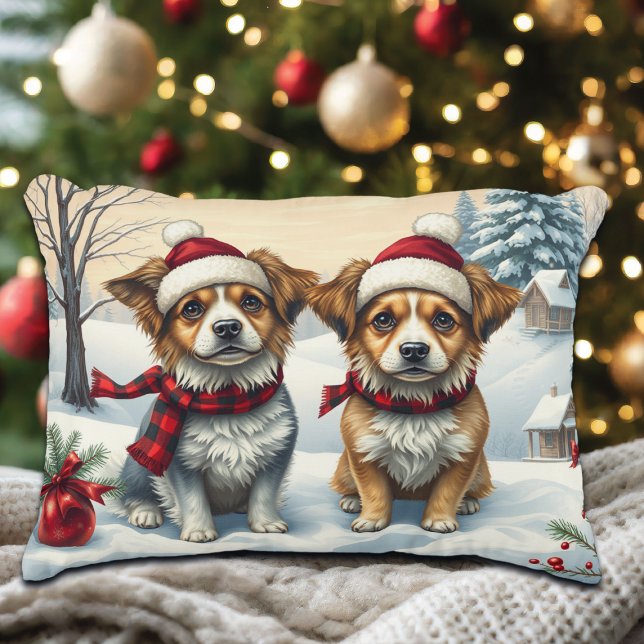 Little Dogs in Preppy Winter Attire and Hat Winter Accent Pillow (Creator Uploaded)