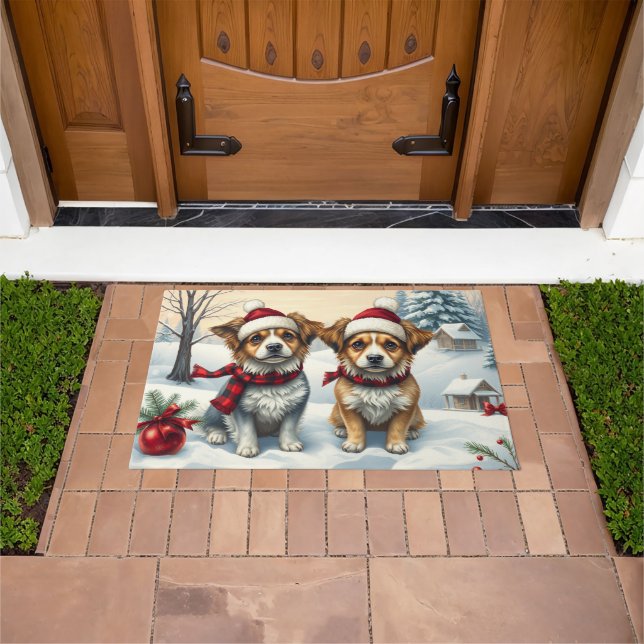 Little Dogs in Preppy Winter Attire and Hat Winter Doormat (Outdoor)