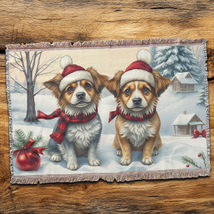 Little Dogs in Preppy Winter Attire and Hat Winter Throw Blanket