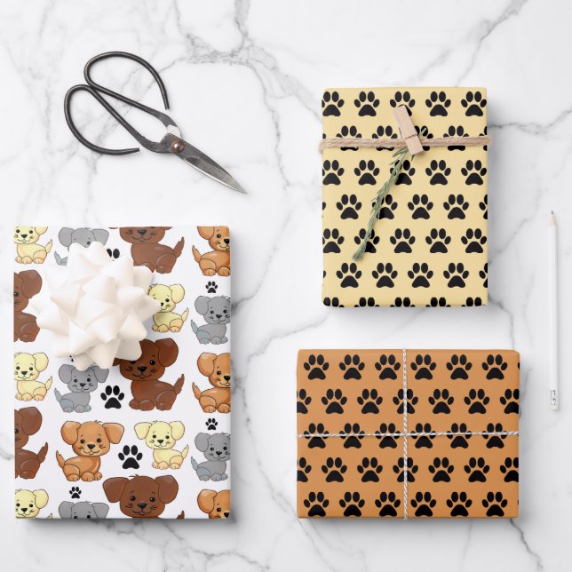 Little Dogs & Paw Print Wrapping Paper Set (Front)