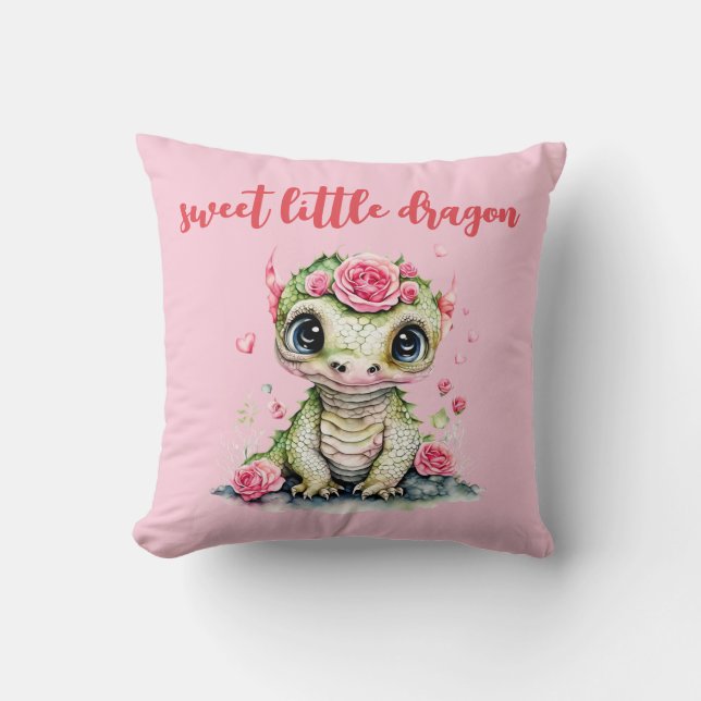 Little Dragon birth stat cute green watercolor Throw Pillow (Front)