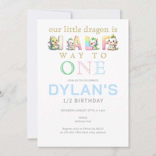 Little Dragon Blue Halfway to One 6 Month Birthday Invitation (Front)