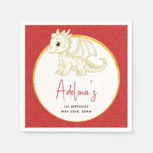 Little Dragon Cute Gold Red Baby 1st Birthday Napkin