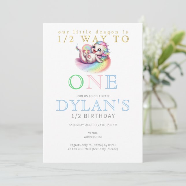 Little Dragon Halfway to One Blue 6 Month Birthday Invitation (Standing Front)
