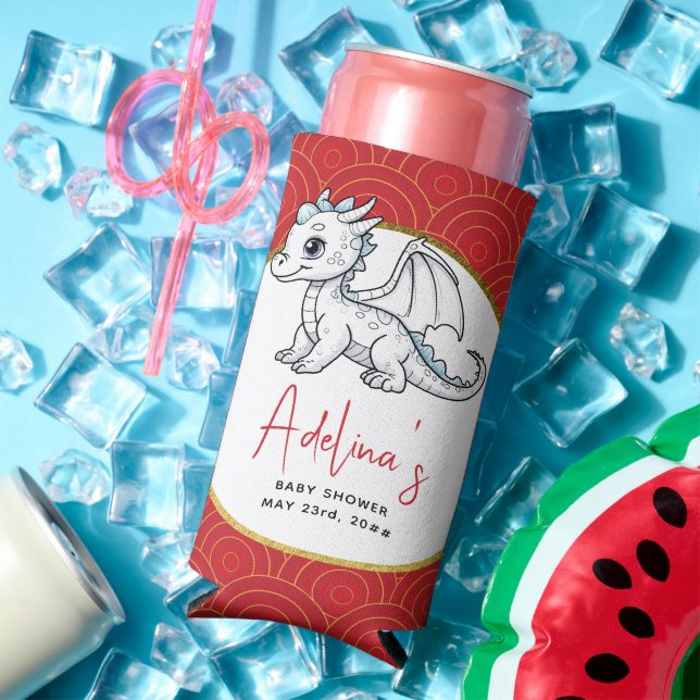 Little Dragon Is On The Way Cute Red Baby Shower Seltzer Can Cooler (In Situ Summer)