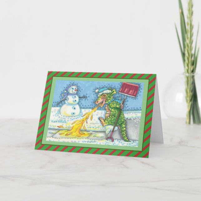 LITTLE DRAGON MELTING & SHOVELING SNOW Funny Blank Holiday Card (Front)