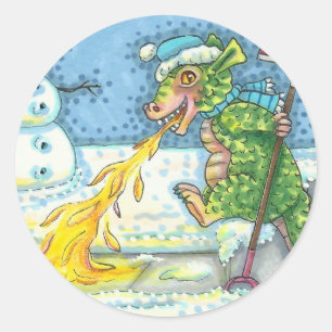 LITTLE DRAGON MELTING & SHOVELING SNOW, FUNNY CUTE CLASSIC ROUND STICKER