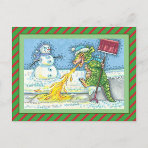 LITTLE DRAGON MELTING & SHOVELING SNOW, FUNNY CUTE HOLIDAY POSTCARD