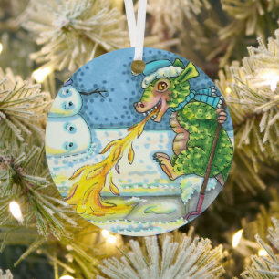 LITTLE DRAGON MELTING & SHOVELING SNOW, FUNNY CUTE METAL ORNAMENT