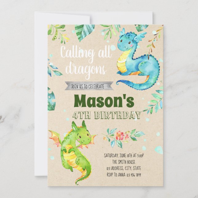 Little dragon party invitation (Front)
