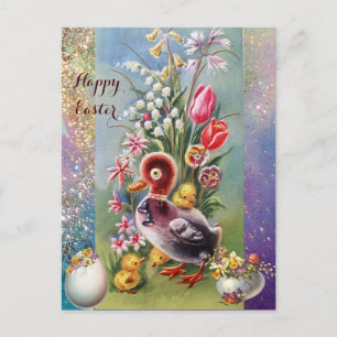 LITTLE DUCK,CHICKENS,EASTER EGGS WITH FLOWERS HOLIDAY POSTCARD