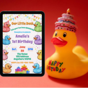 Little Duck, Colorful Rubber Duck, 1st birthday Invitation