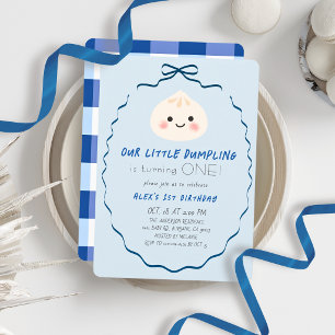 Little Dumpling Blue Bow Boy 1st Birthday Invitation