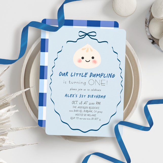 Little Dumpling Blue Bow Boy 1st Birthday Invitation (Creator Uploaded)