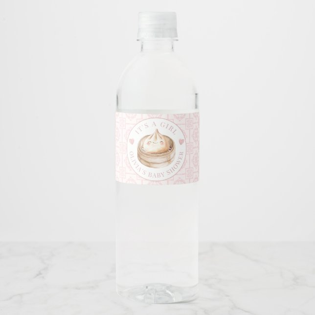 Little Dumpling Pink It’s a Girl Baby Shower  Water Bottle Label (Front)