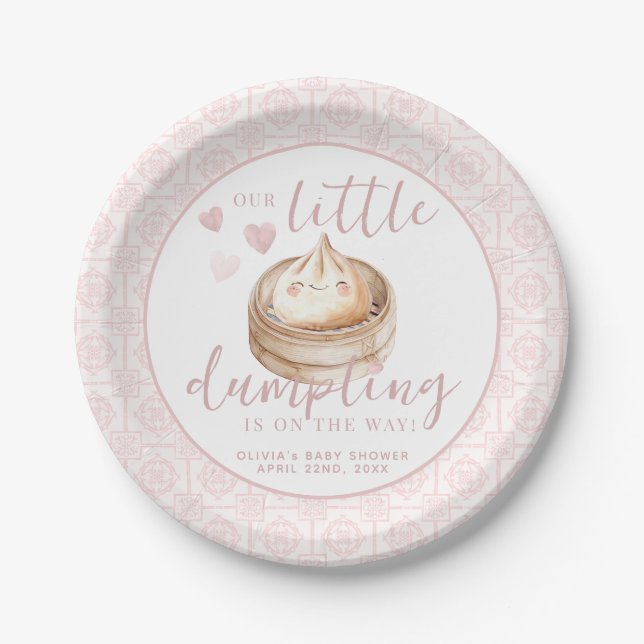 Little Dumpling Pink Watercolor Baby Shower  Paper Plate (Front)