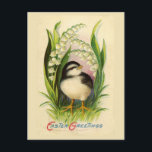 Little Easter Bird Vintage Postcard<br><div class="desc">Vintage Easter postcard showing a Little Bird with white and black colouring,  like a finch or mountain chick-a-dee,  surrounded by leaves and flowers.</div>
