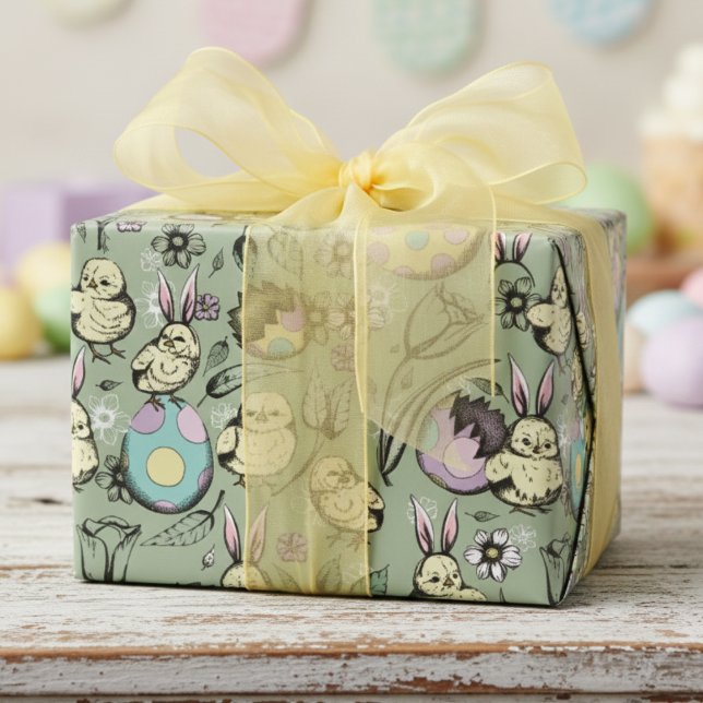 Little Easter Chicks & Bunny Ears, Eggs & Flowers Wrapping Paper (Cute Easter Chicks Wrapping Paper with Rabbit Ears & Colorful Eggs for Kids Easter Baskets, Egg Hunt)