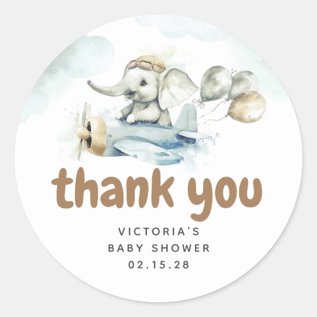 Little Elephant and Airplane Thank You Classic Round Sticker (Front)