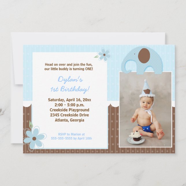 Little Elephant (Blue) Mod Birthday Invitation 5x7 (Front)