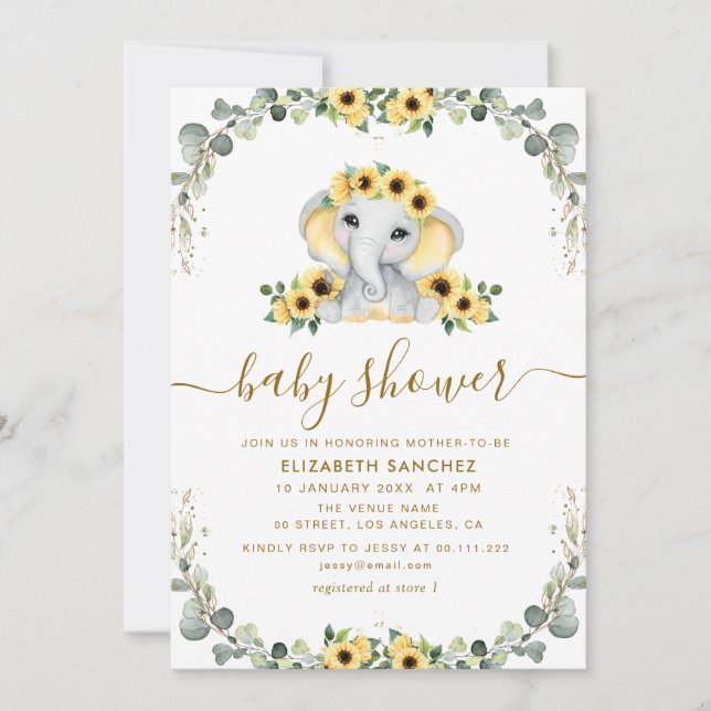 little elephant eucalyptus sunflower baby shower invitation (Front)