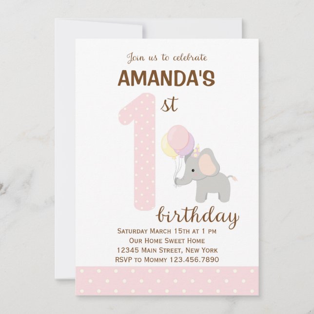 Little Elephant First Birthday Invitation (Pink) (Front)