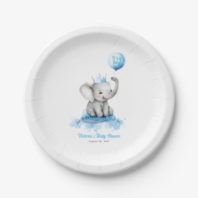 Little Elephant Prince Cute Blue Baby Shower Paper Plate (Front)