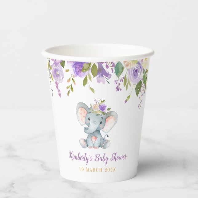 Little elephant purple floral baby shower paper cups (Front)