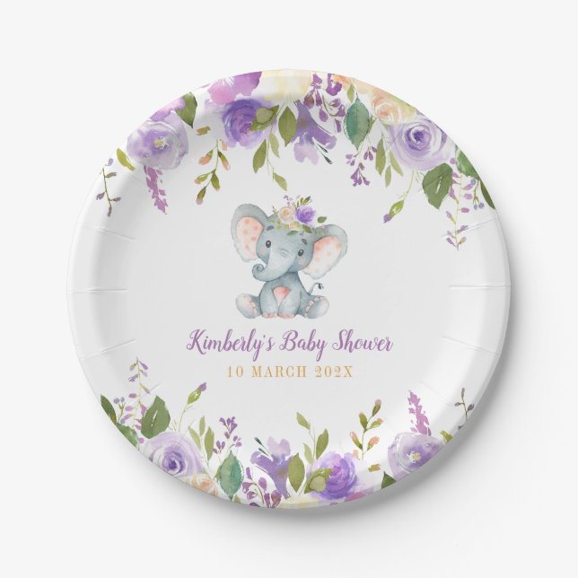 Little elephant purple floral baby shower paper plate (Front)