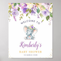 Little elephant purple floral baby shower welcome