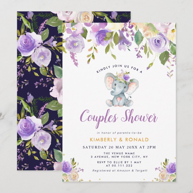 little elephant purple floral couples shower invitation (Front/Back)