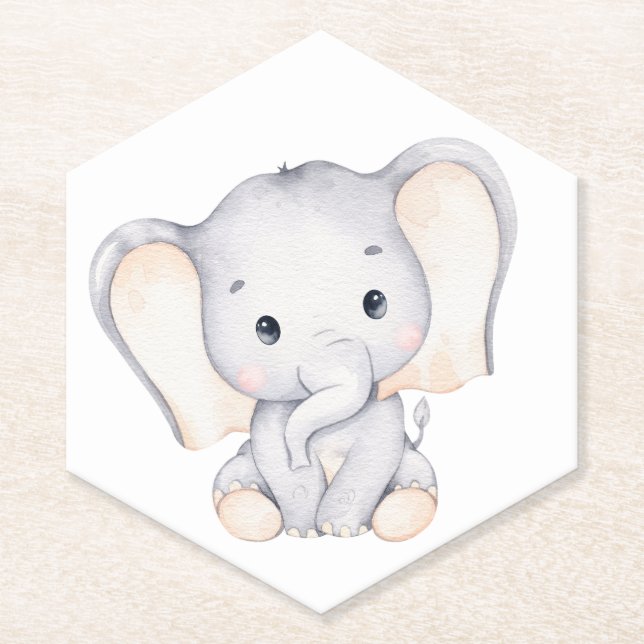 Little Elephant Watercolor Baby Shower  Paper Coaster (Front)