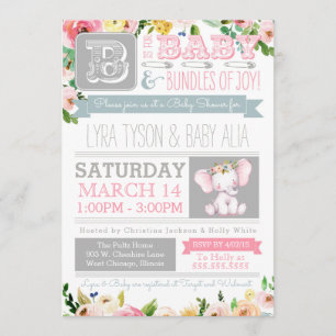Little Elephant Watercolor Floral Baby Shower Invitation