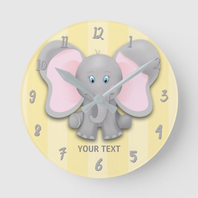 Little Elephant Yellow & Grey Personalized Nursery Round Clock (Front)