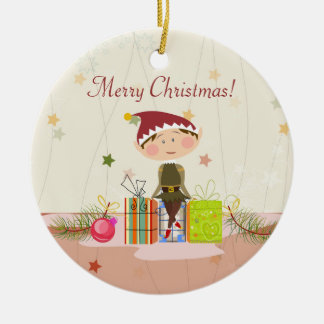 Little Elf-Girl and Christmas Presents Ceramic Ornament