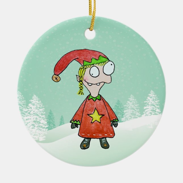 Little Elf Girl Ceramic Ornament (Front)