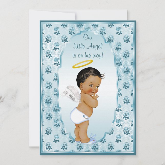 Little Ethnic Boy Angel Blue Roses Baby Shower Invitation (Front)