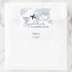 Little Explorer Adventure Blue Baby Shower Square Sticker
