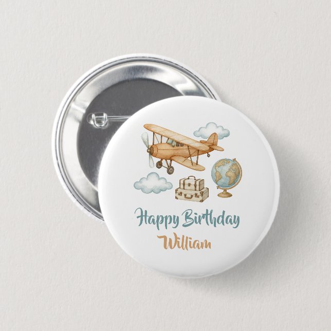 Little Explorer Airplane Birthday 2 Inch Round Button (Front & Back)