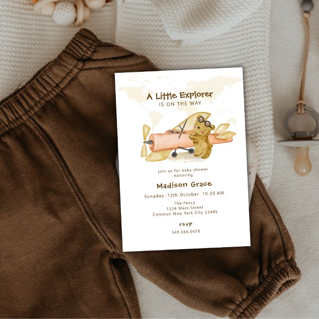 Little Explorer Bear Map Airplane Baby Shower Invitation (Little Explorer Bear Map Airplane Baby Shower Invitation)