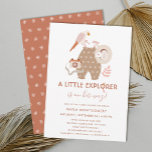 Little Explorer Boho Girl Baby Shower   Invitation<br><div class="desc">This adorable baby shower invitation features a boho colour scheme of terracotta orange and red, beige, off white, grey, light pink, and golden orange. The main design contains a little baby summer jumper, a hat with a flower, a parrot, a camera, and a little leaf accent. The main text, reading...</div>