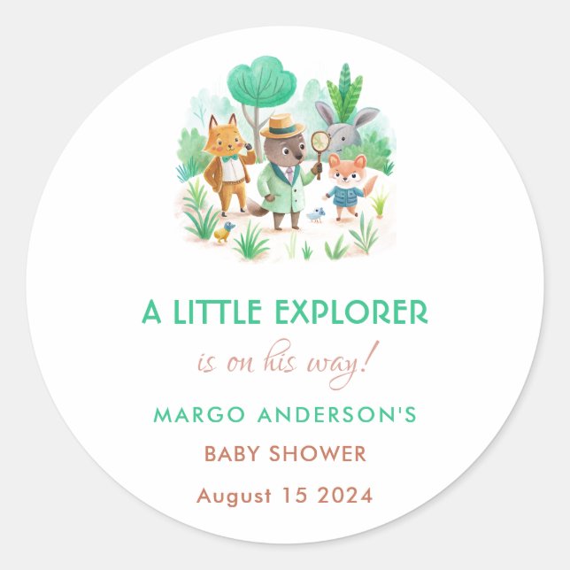 Little Explorer Forest Detective Boy Baby Shower Classic Round Sticker (Front)
