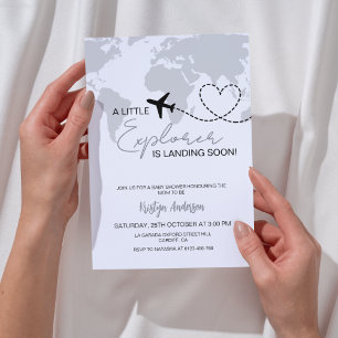 Little Explorer is Landing Soon Grey Baby Shower  Invitation