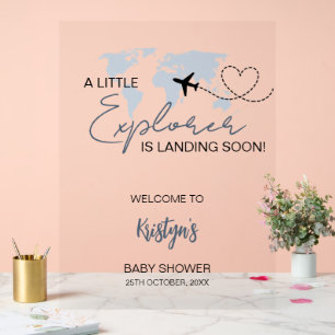 Little Explorer World Map Baby Shower Welcome   Acrylic Sign