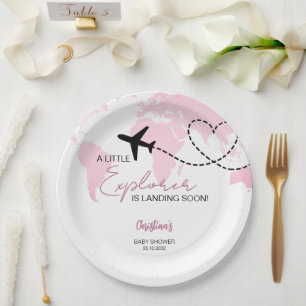 Little Explorer World Map Pink Baby Shower Paper Plate