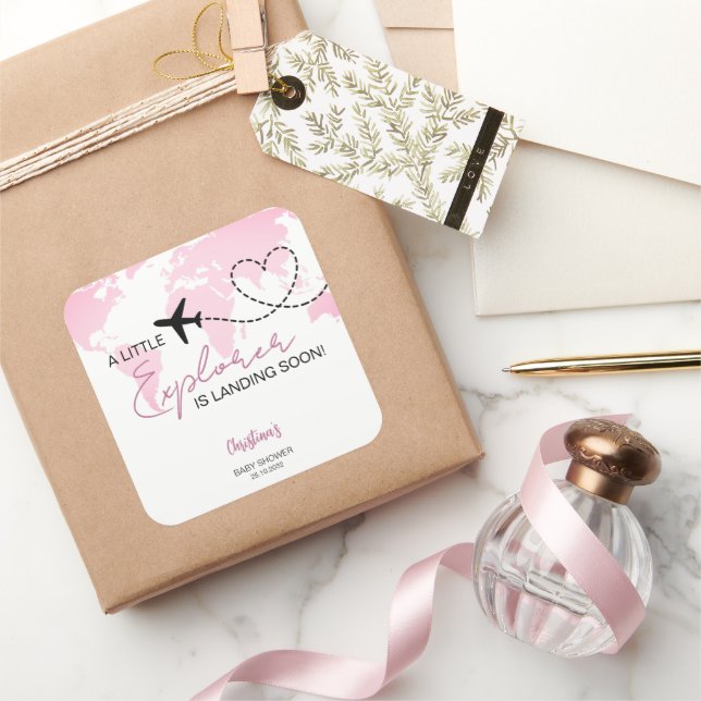 Little Explorer World Map Pink Baby Shower Square Sticker (Gifting)