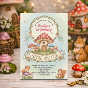 Little Fairies House Mushrooms 1st Birthday Party Invitation