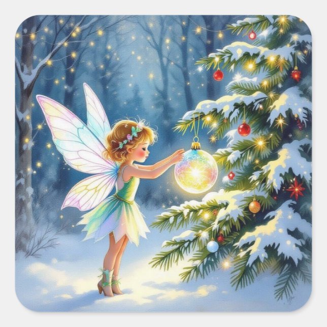 Little Fairy Decorating Christmas Trees Square Sticker (Front)