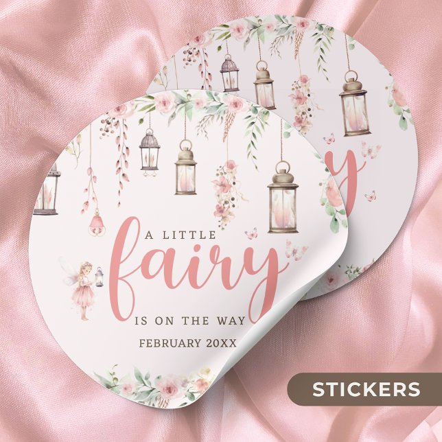 Little Fairy Enchanted Pink Baby Shower Classic Round Sticker (Creator Uploaded)