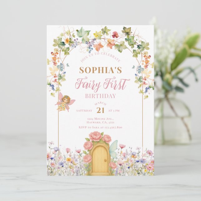 Little Fairy First Door Birthday Invitation (Standing Front)